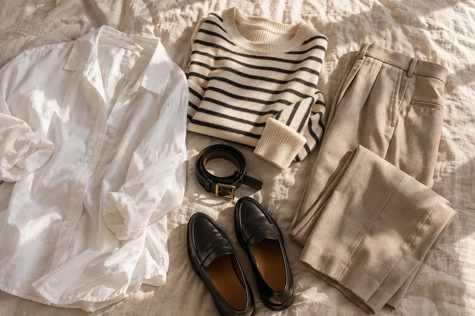 Neutral wardrobe essentials arranged on natural linen