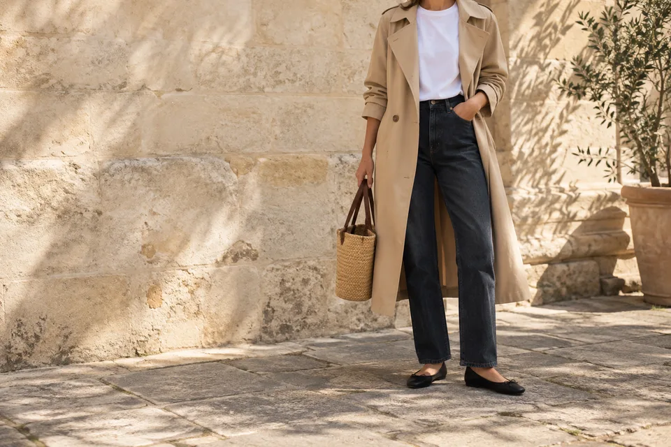 A relaxed everyday outfit with a beige trench, white T-shirt, dark jeans and black flats