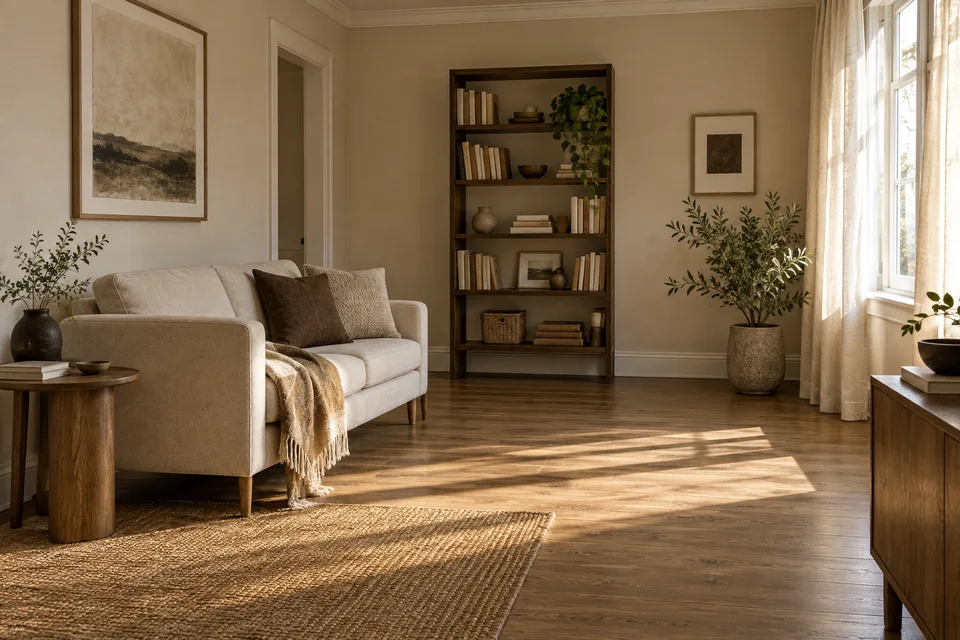 A compact living room with a sofa on the left, a bookcase and a clear central walkway