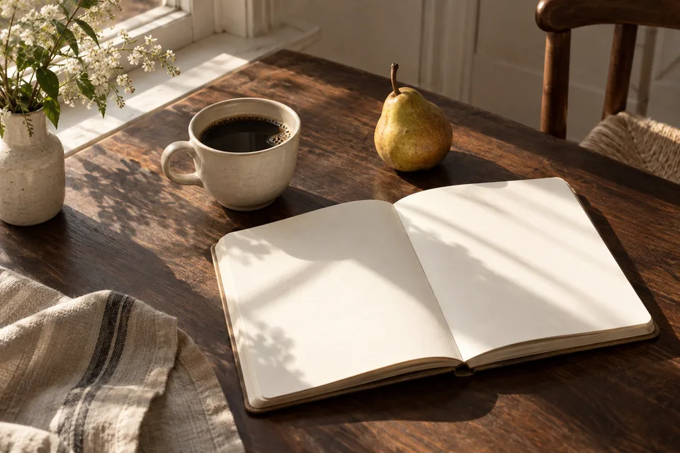 Coffee, a notebook and pears on a wooden table near a window