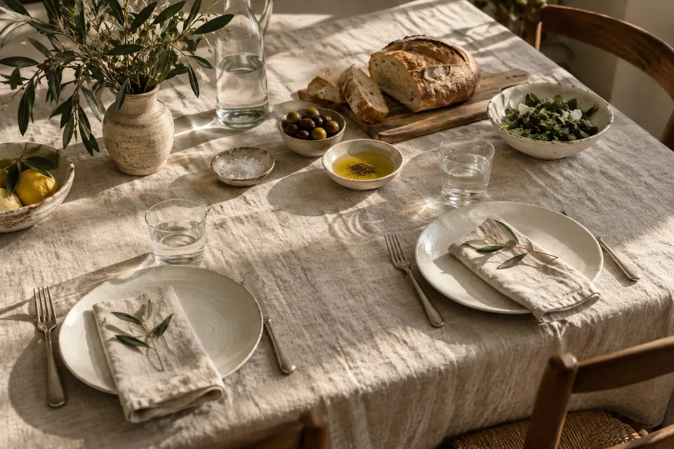 A simple everyday table with linen, ceramics, bread and olive branches