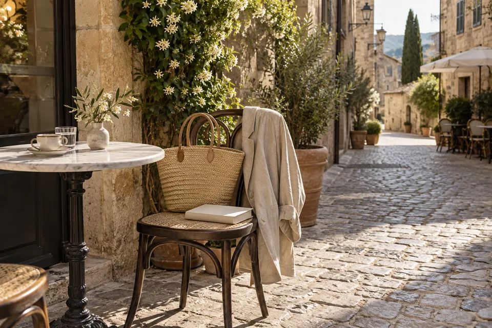 A woven bag, book and light jacket on a chair outside a quiet café